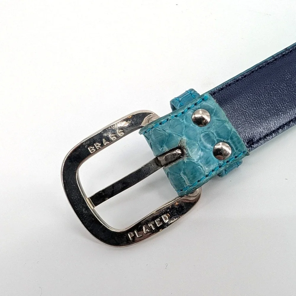 Genuine Snakeskin Belt Teal Blue Exotic Leather Brass Plated Buckle Size‎ L